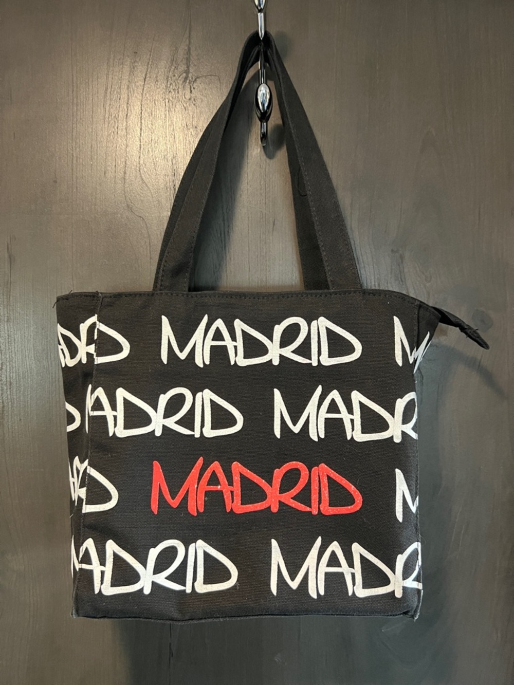 Robin Ruth Black Canvas 'Madrid' zip closure Tote with White and Red Script 🇪🇸